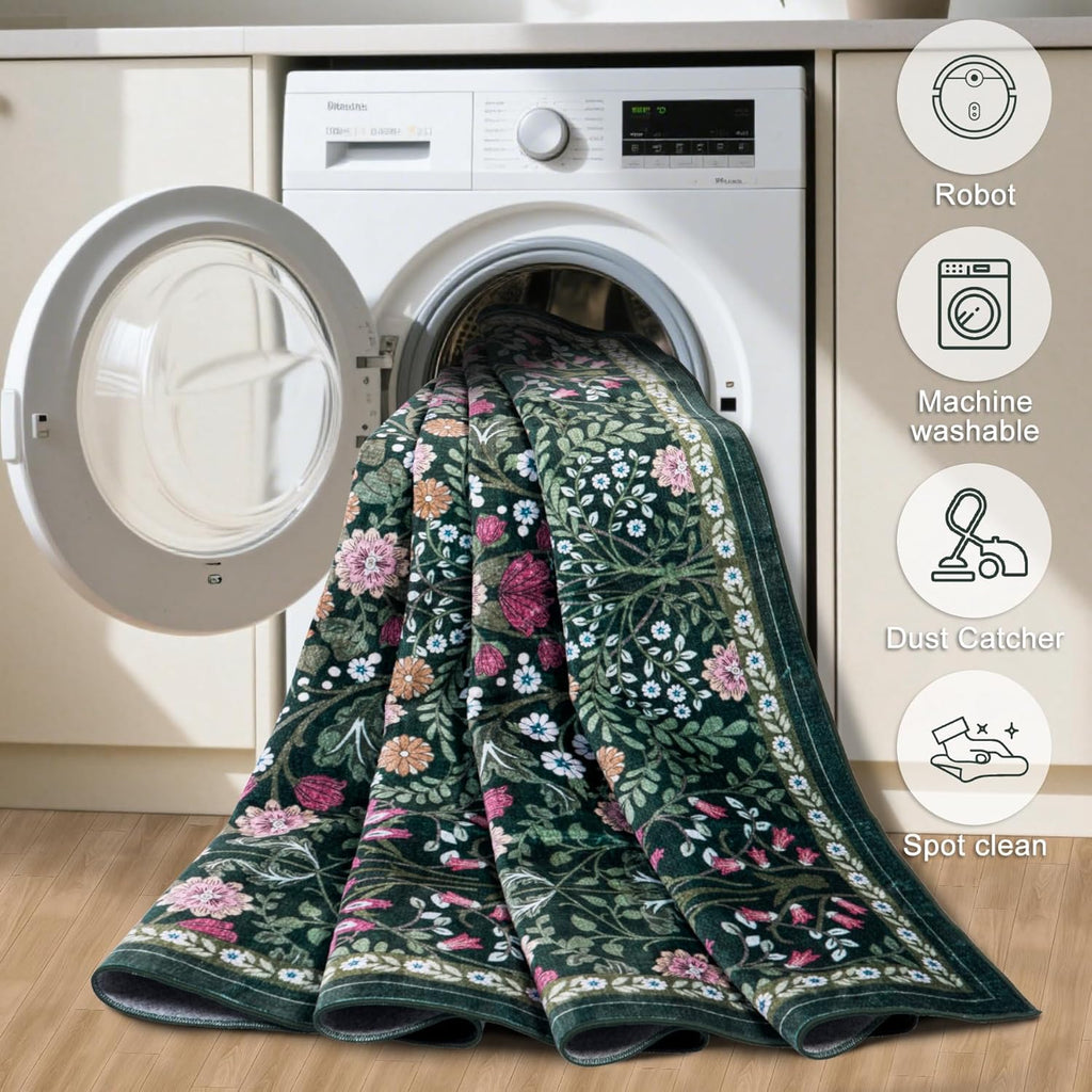 PLHXFR Area Rug 10x14 Living Room: Floral Washable Boho Carpet Dark Green