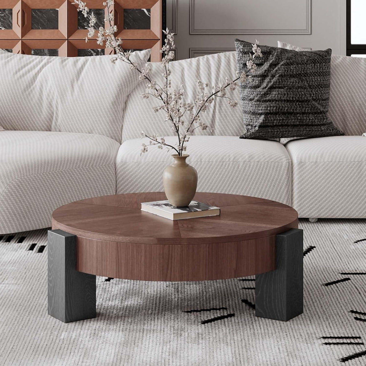 Round Coffee Table with Hidden Storage & 3 Block Legs