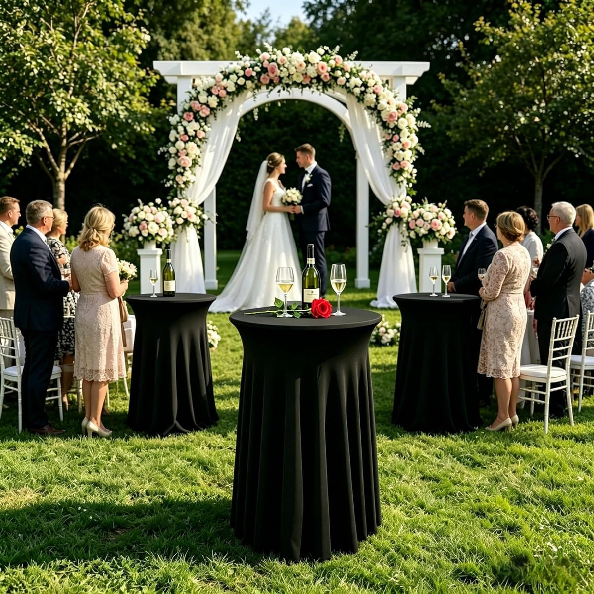 6 Pack Round Spandex Cocktail Table Tablecloth with Skirts, 32 x 43 Inch Black Spandex High Top Cocktail Table Covers, Stretch Fitted Round Cocktail Tablecloths for High Top Bar Party Wedding Banquet