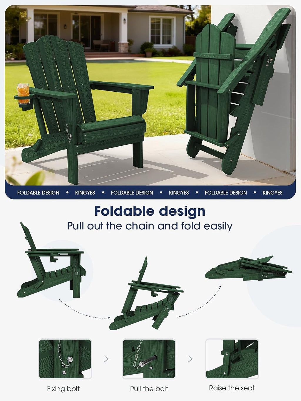 KINGYES Folding Adirondack Chair Set of 6 with Cup Holder, Green