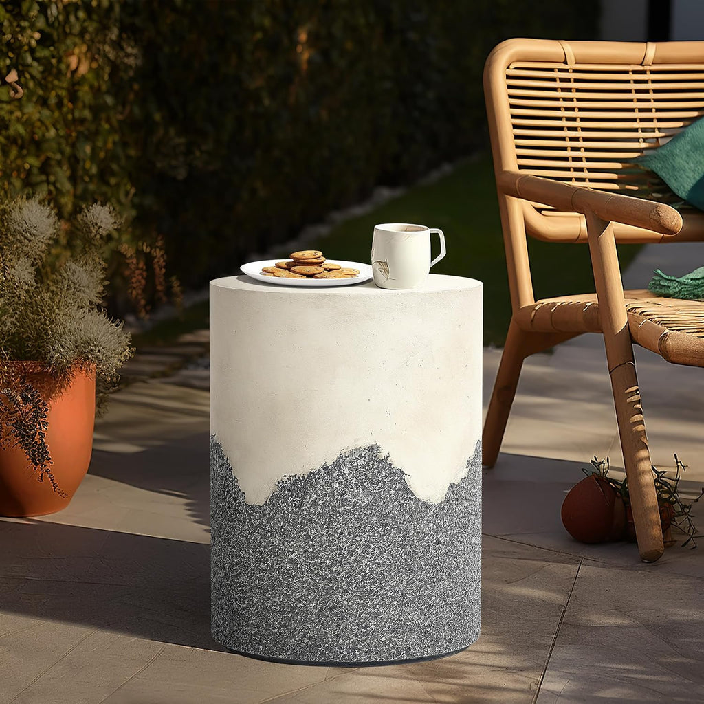 LuxenHome 18" Gray and Cream Cement Outdoor Side Table, Patio End Table