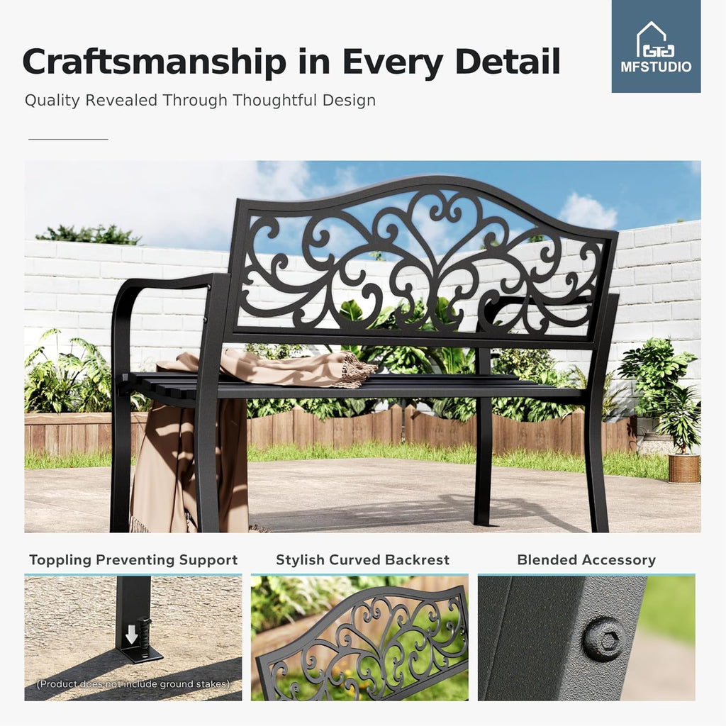 MFSTUDIO 43.7 Inches Cast Iron Outdoor Garden Bench, Floral Backrest, Black