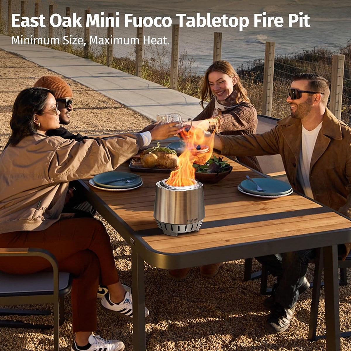 East Oak Fuoco 7 Inch Tabletop Smokeless Fire Pit, 3-in-1 Ash Pan Portable Wood & Pellet Tabletop Firepit, Easy Clean Up, Stainless Steel Mini Fire Pit for Outside, Backyard, Patio, Camping & Deck
