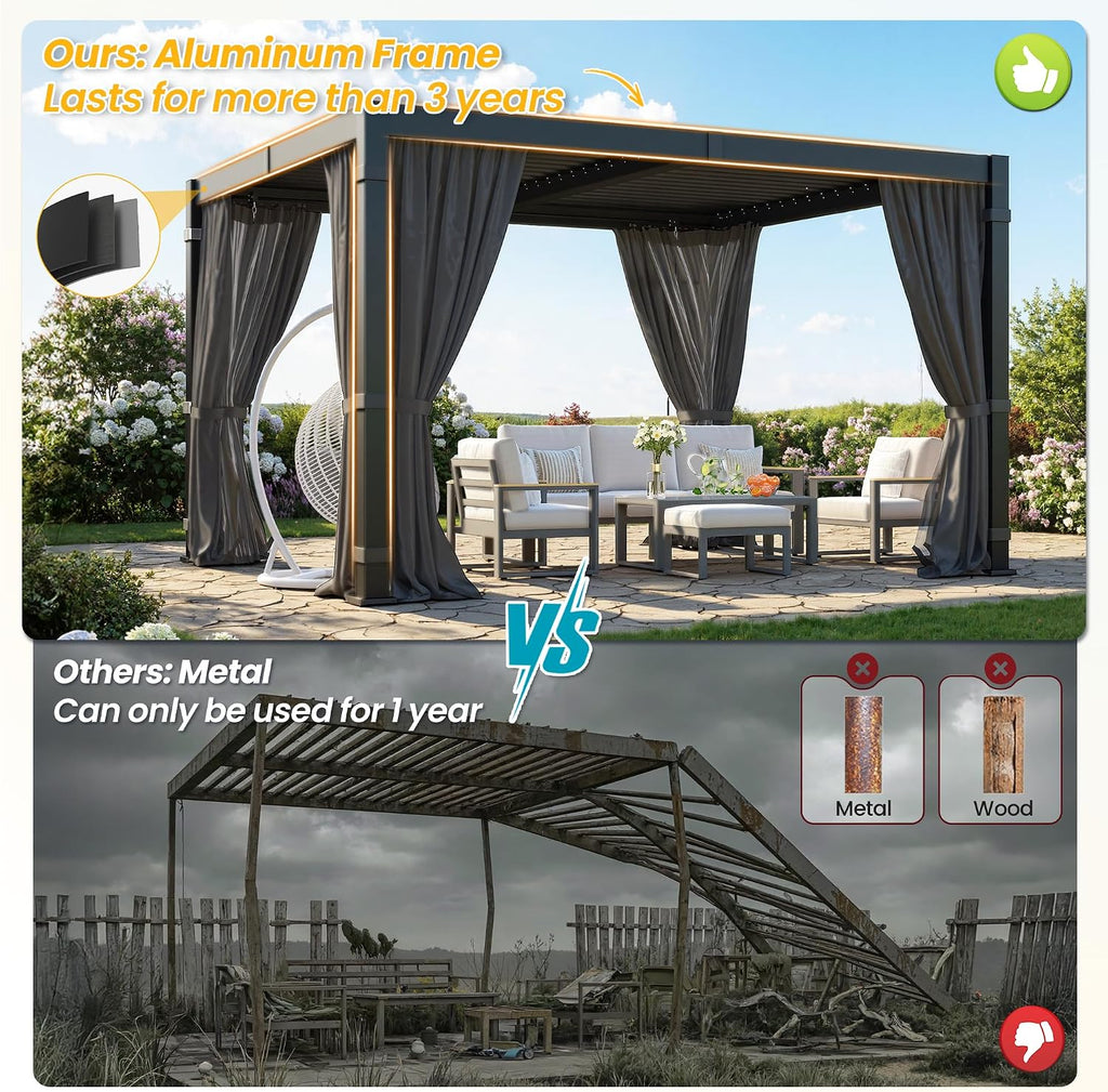 10' x 12' Pergola with Curtain & Adjustable Roof & Aluminum Frame for Patio