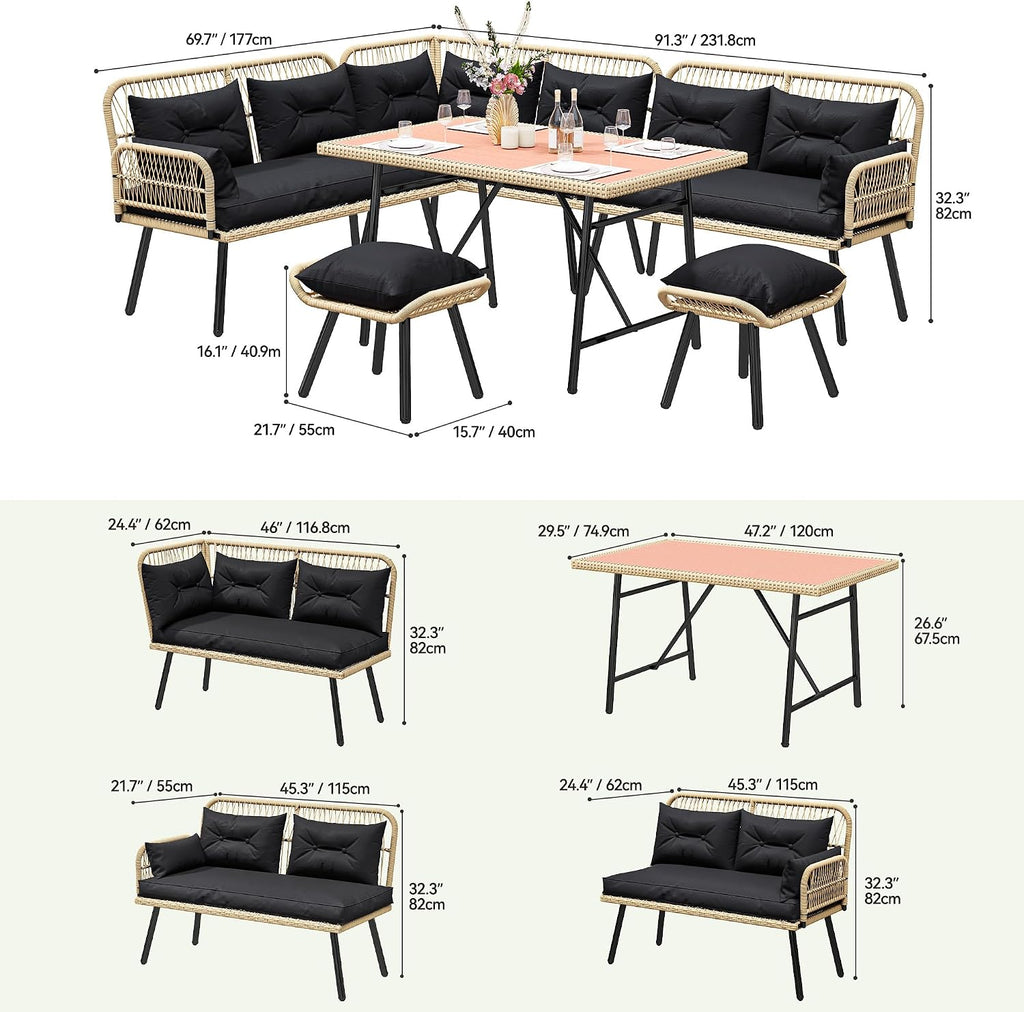 YITAHOME L-Shaped Rattan Patio Furniture Set Light Brown & Black