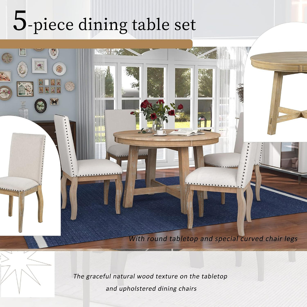 Harper & Bright Designs 5-Piece Farmhouse Extendable Round Dining Table and Upholstered Chair Set With Shelf for Family Dining Area