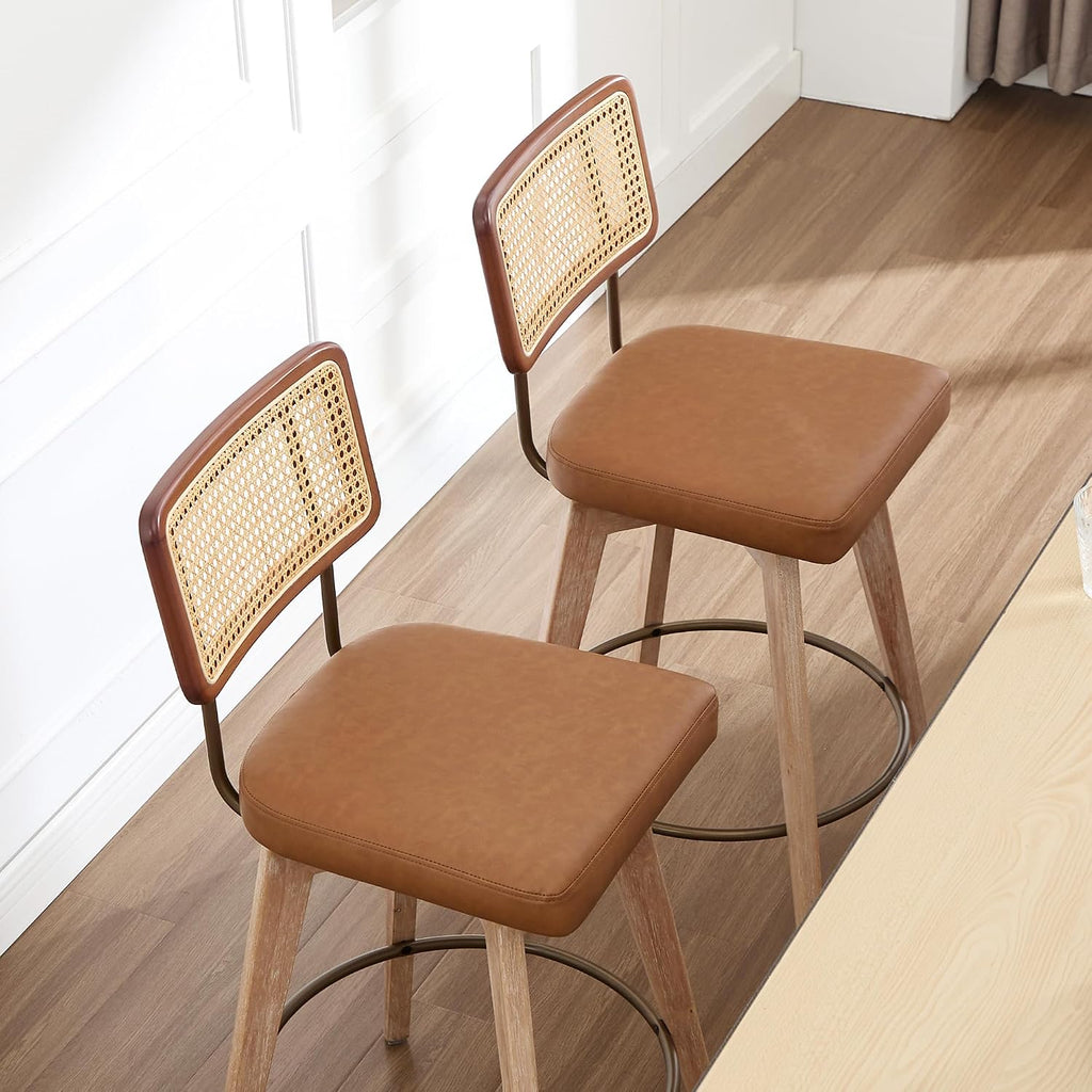 26" Swivel Boho Bar Stools Set of 2, Solid Wood, Rattan, Brown