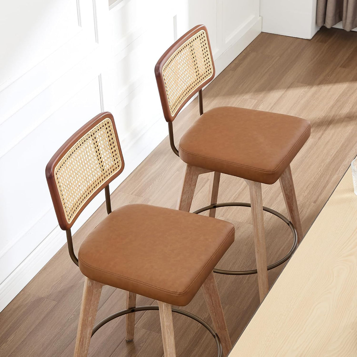 26" Swivel Boho Bar Stools Set of 2, Solid Wood, Rattan, Brown