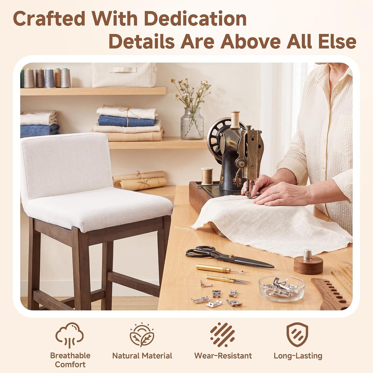 Bar Stools Set of 2, Counter Height Bar Stools with Backs, Comfortable Linen Upholstered Farmhouse Kitchen Island Stools, Barstools for Home Bar & Kitchen Counter, Beige