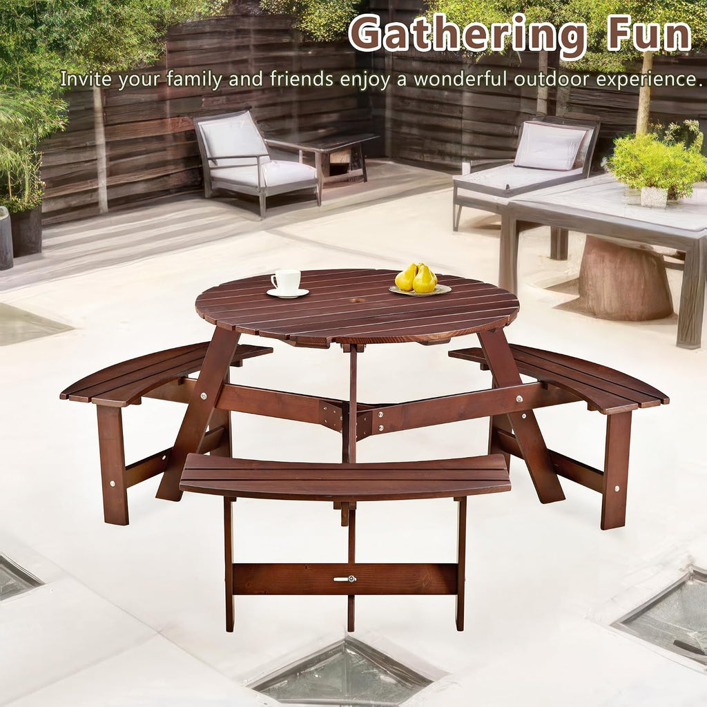 Round 6 Person Outdoor Picnic Table with 3 Built-in Benches