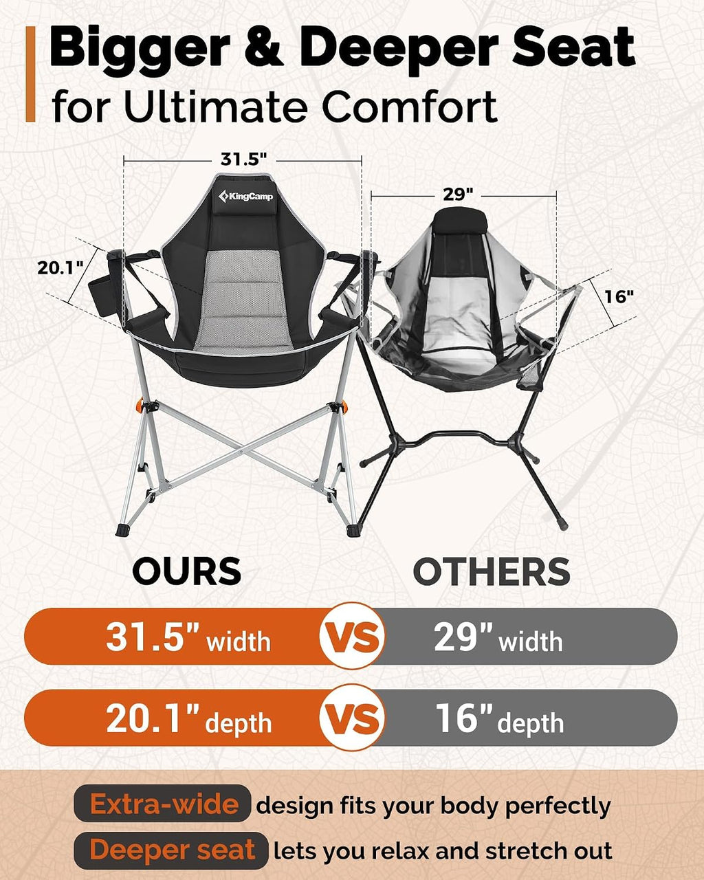 kingcamp hammock camping chair, 400lbs heavy duty swing showing dimensions