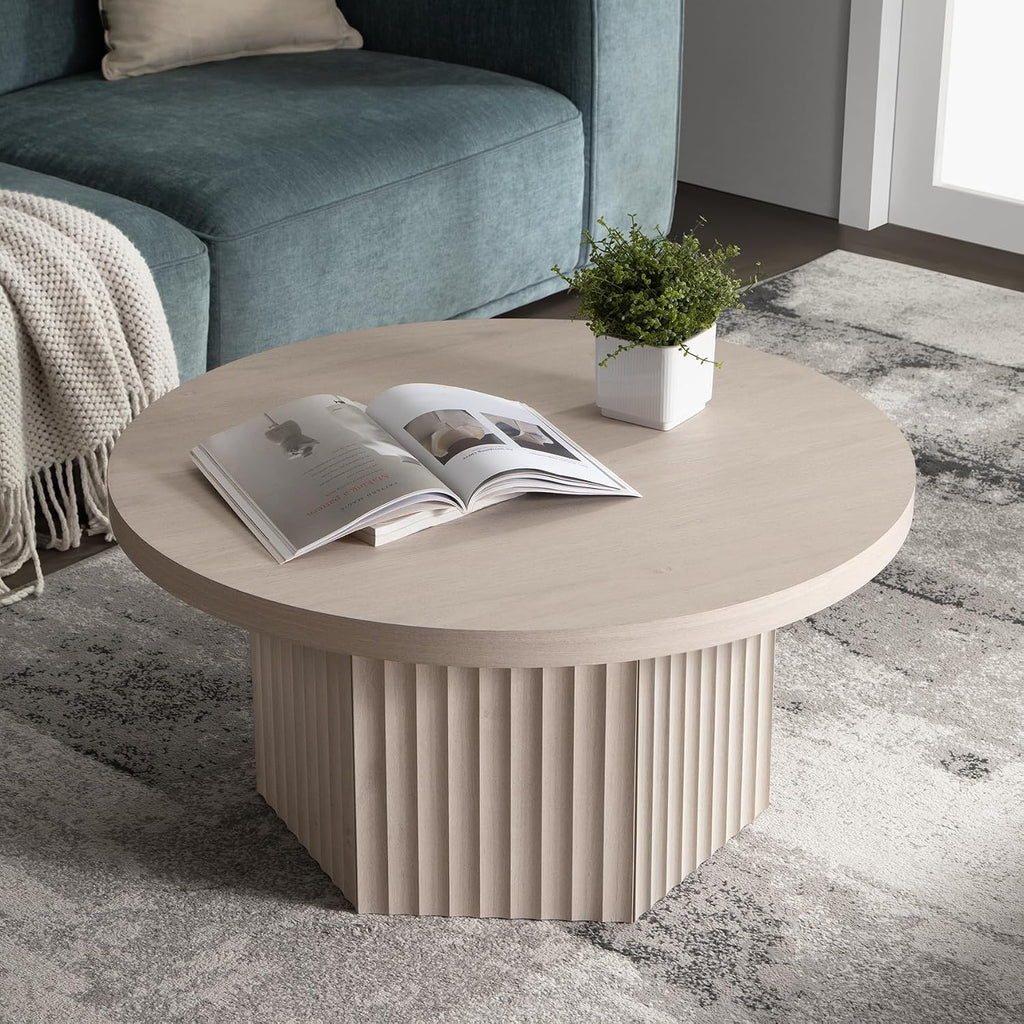 SICOTAS 32" Modern Round Coffee Table Mid Century Fluted Coffee Table