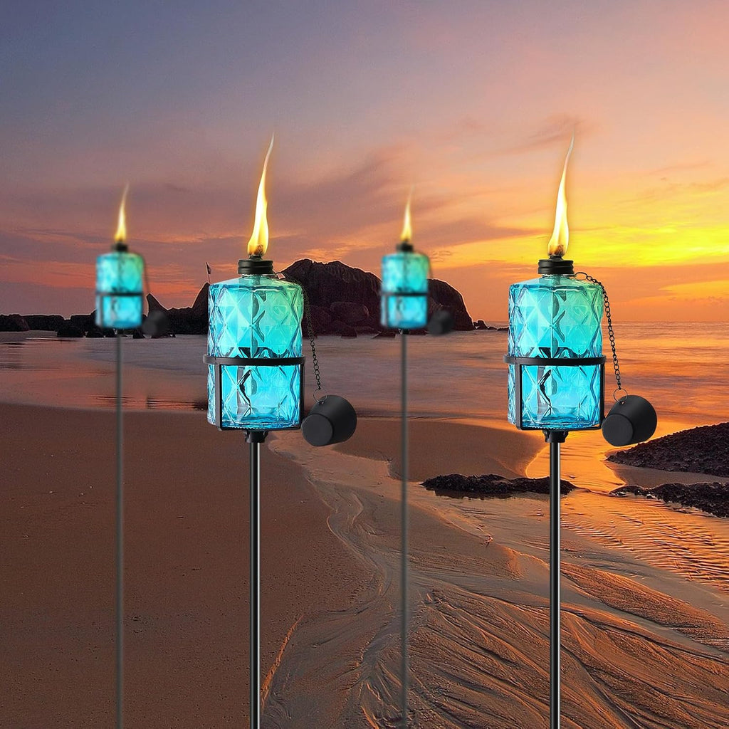 ZSPENG 4 Pack Blue Glass Garden Torch 12 oz Outdoor Torch Garden Décor,60-Inch Upgraded Citronella Torches with 3-Prong Grounded Stake for Party Patio Pathway