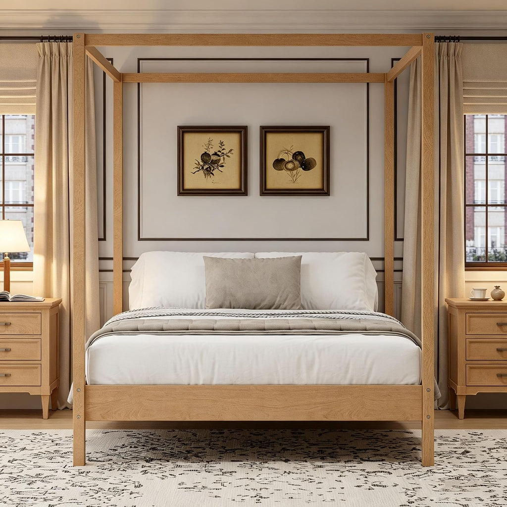 JIJIWANG King Size Solid Wood Canopy Bed, Natural
