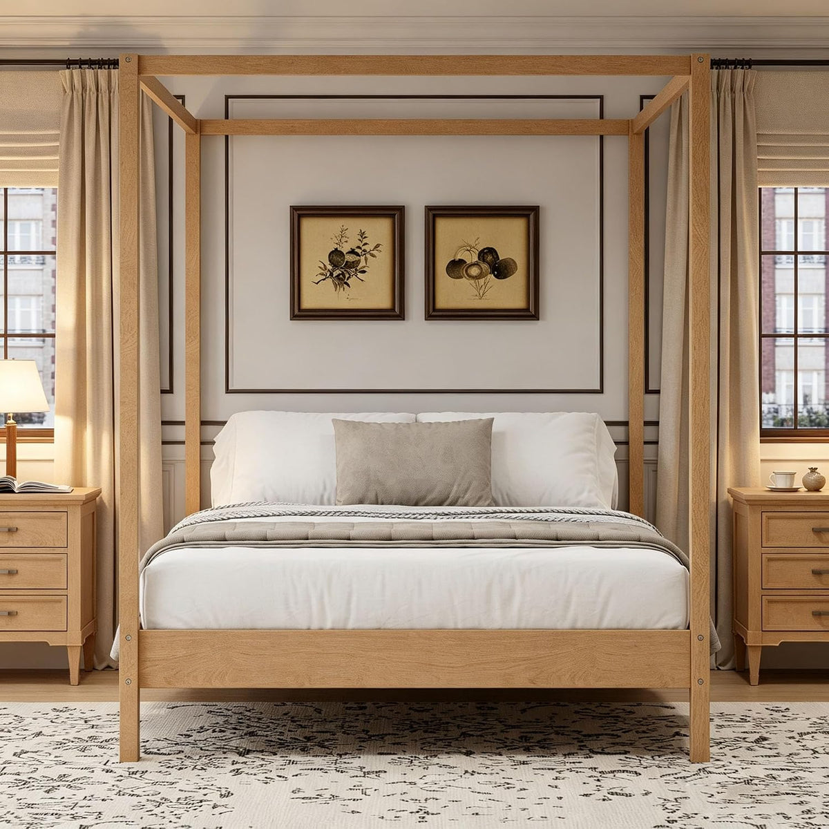 JIJIWANG King Size Solid Wood Canopy Bed, Natural