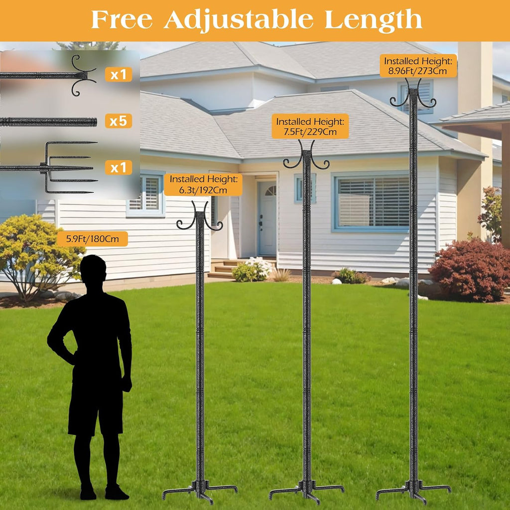 StarryEver 4 Pack String Light Poles, 3M/10FT Adjustable Height Metal Lights Hanging Pole with 2 Hooks and Rustproof, for Yard Patio Decor, Camping, Sun Shades Outdoor, Outside Decor