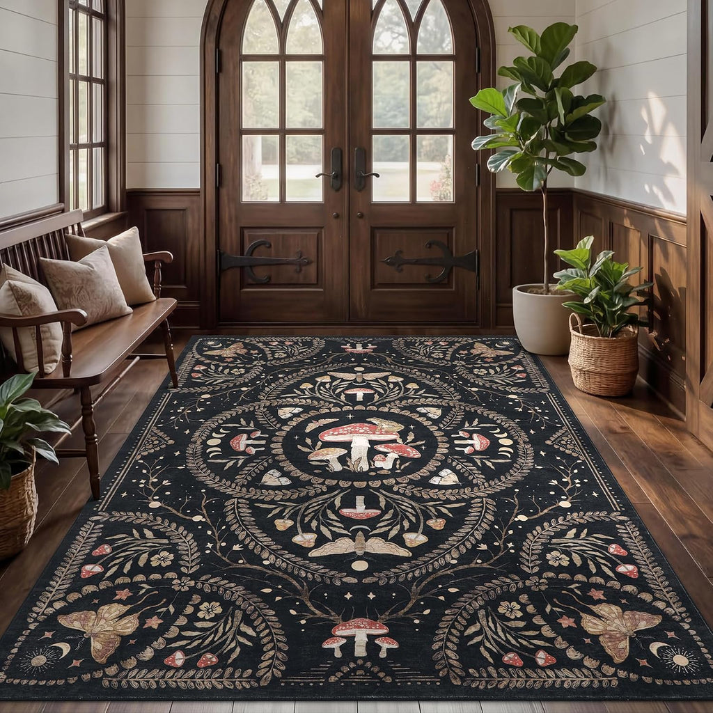 Garvee Mushroom 5x7 Area Rugs for Living Room, Washable Black Gothic Rug