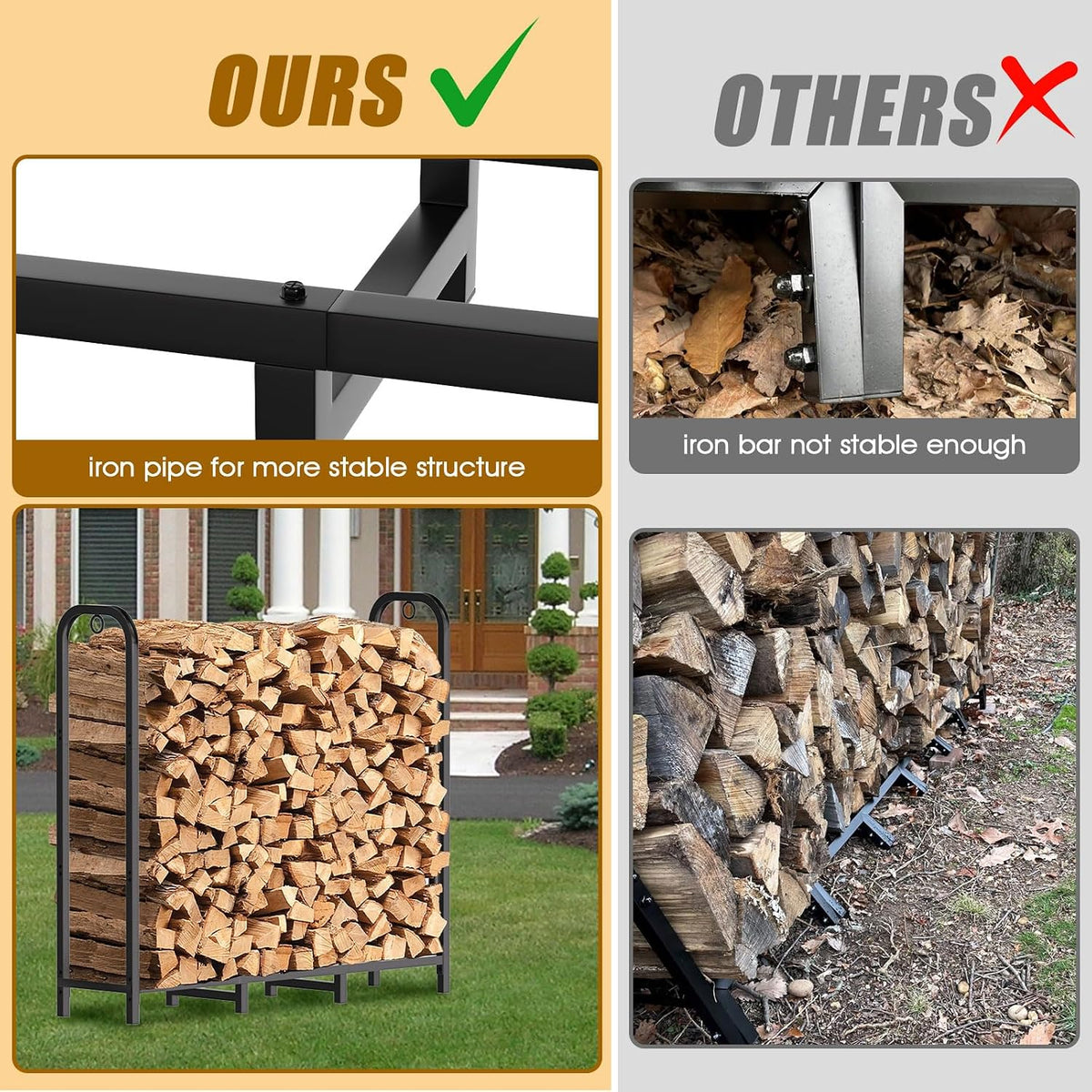 gtongoko 4ft heavy duty metal firewood rack outdoor showing dimensions