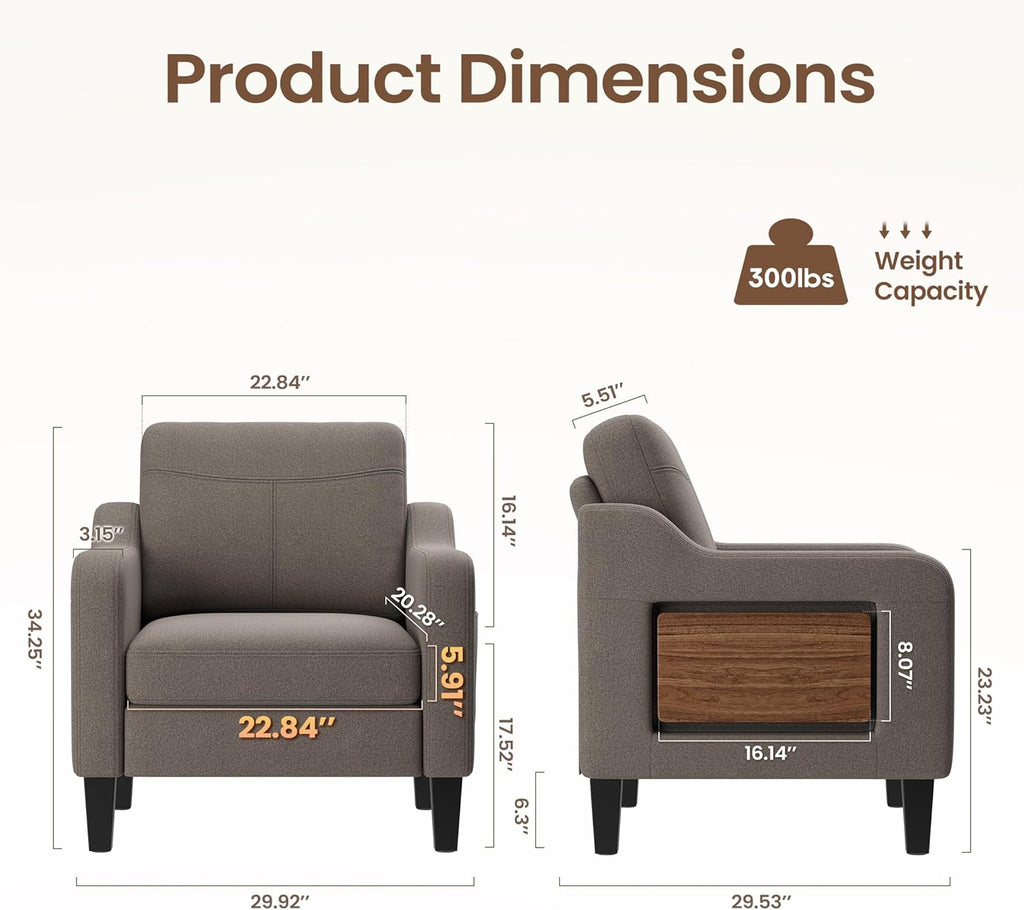 Upholstered Accent Chair with Foldable Side Table for Living Room