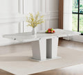 63"-78.74" White Faux Marble Extendable Dining Room Table Set for 6, 7-Piece Dining Table Set with 6 Chairs, Rectangle Wooden Expanding Kitchen Table and Beige Upholstered Chairs Set