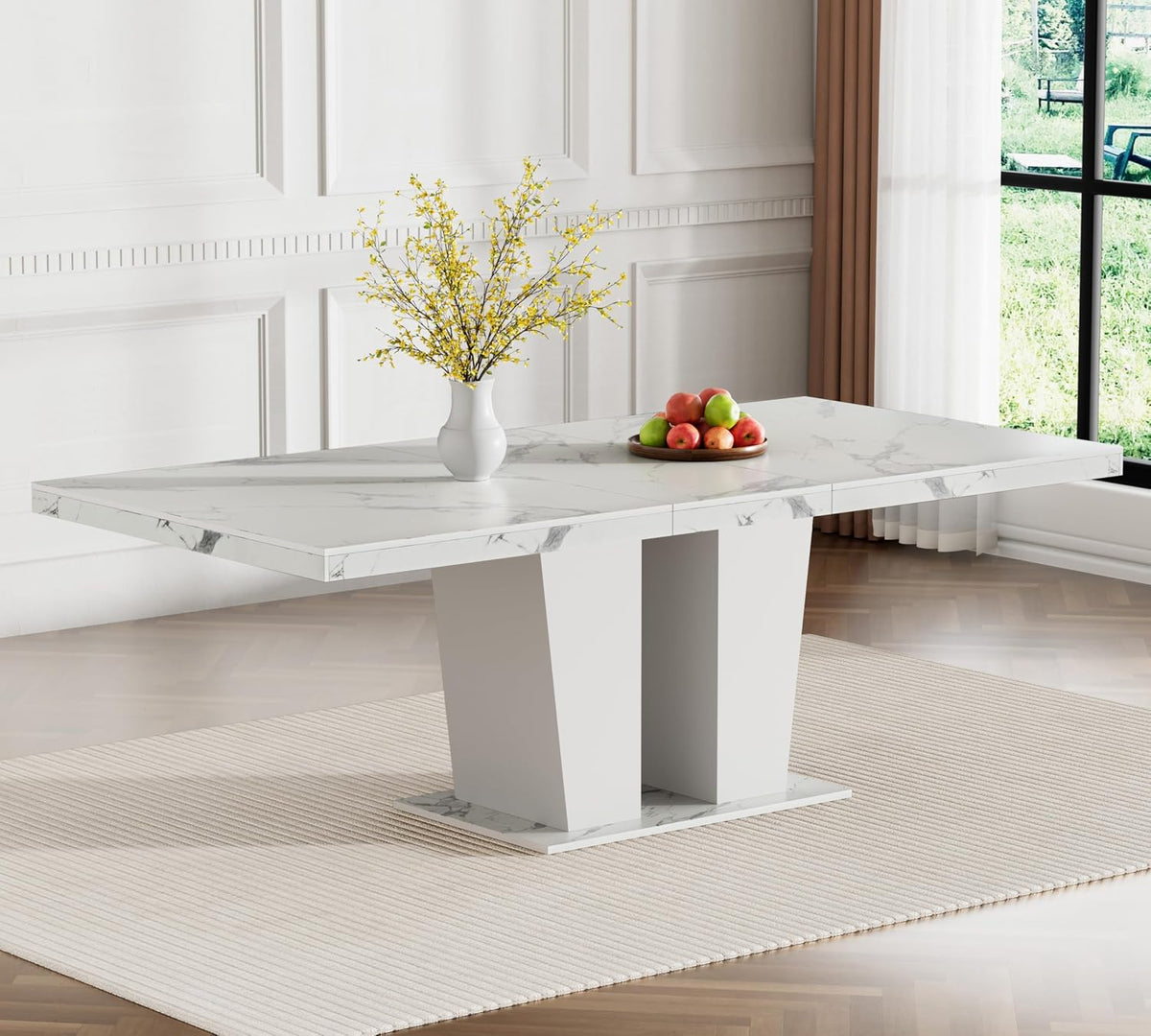 63"-78.74" White Faux Marble Extendable Dining Room Table Set for 6, 7-Piece Dining Table Set with 6 Chairs, Rectangle Wooden Expanding Kitchen Table and Beige Upholstered Chairs Set