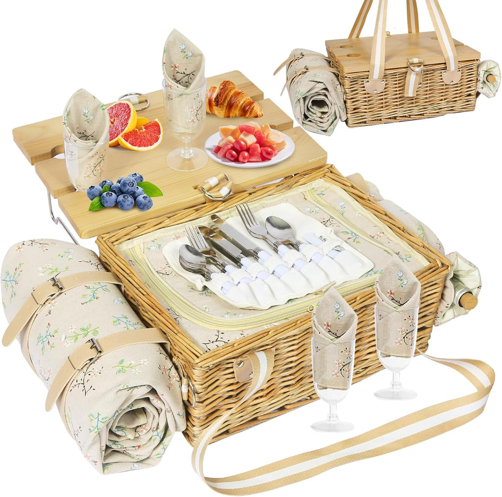 Picnic Basket for 4 with Folding Table and Wine Pouch