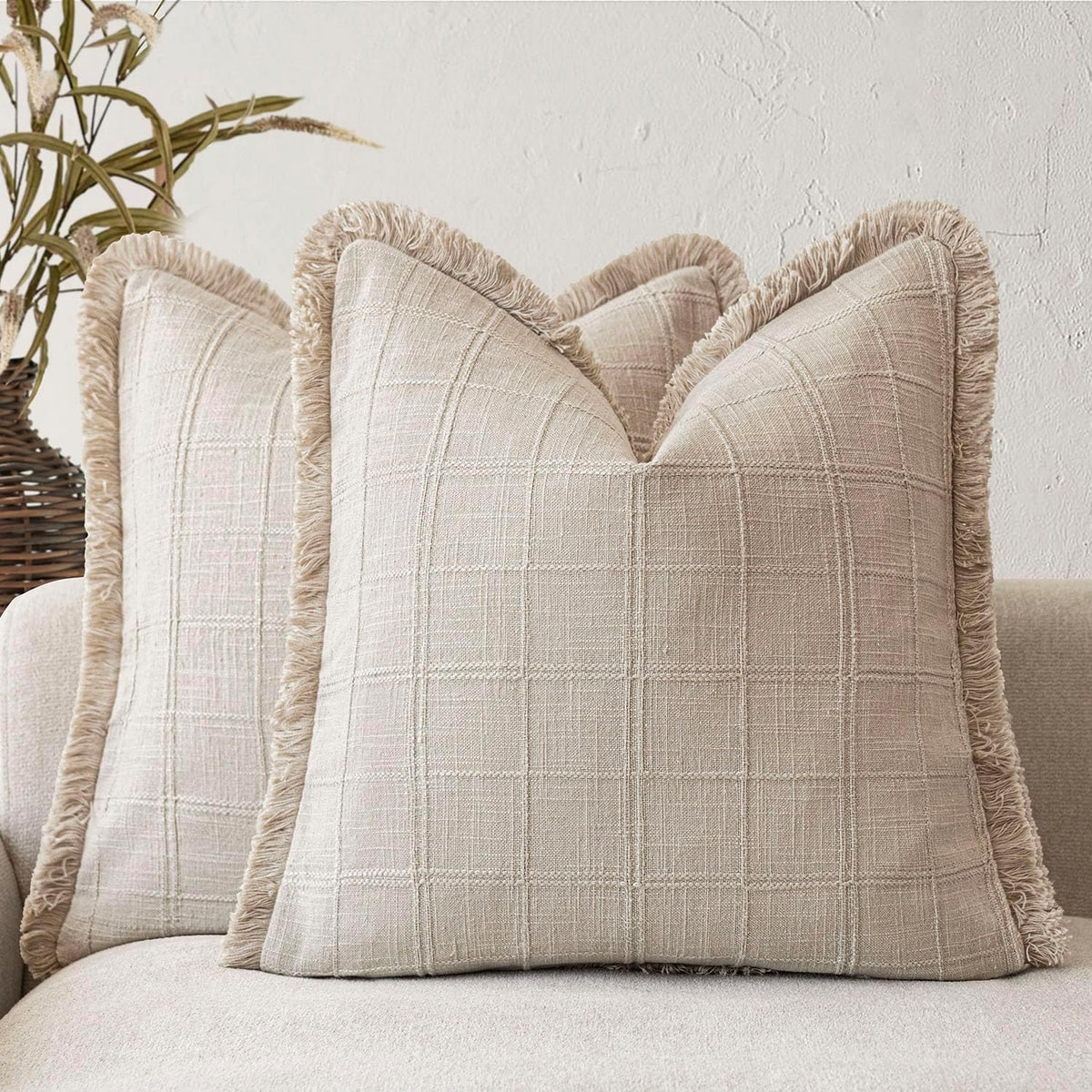 Foindtower Set of 2 Decorative Linen Check Fringe Throw Pillow Covers Farmhouse Vintage Cushion Covers Modern Boho Home Decor for Sofa Chair Couch Bedroom Living Room,22×22 Inch,Natural Linen