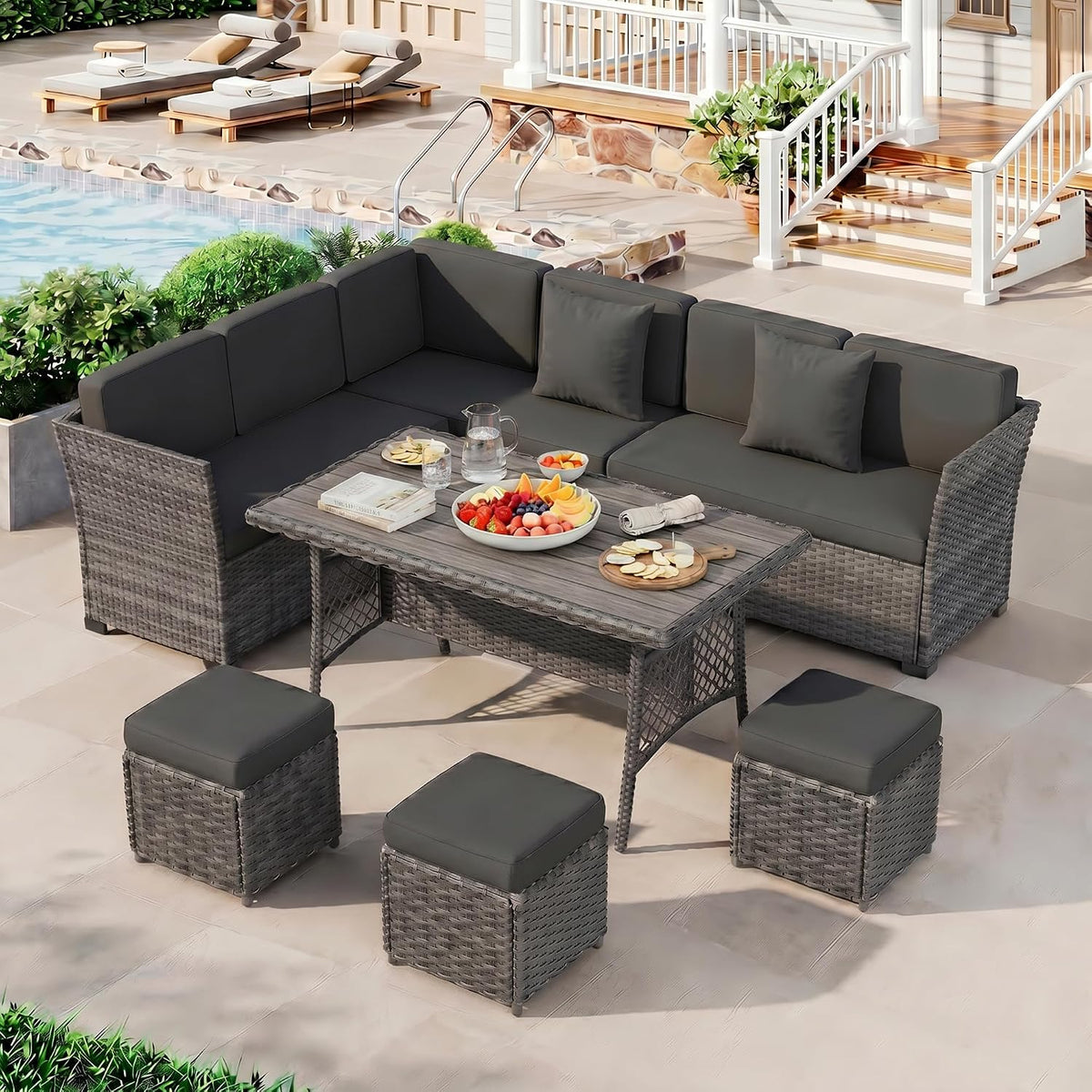 LOUVIXA 7 Pieces Patio Furniture Set, Outdoor Patio Furniture, Wicker Conversation Set with Dining Table, Chairs and Ottoman (6227 Grey-Grey)