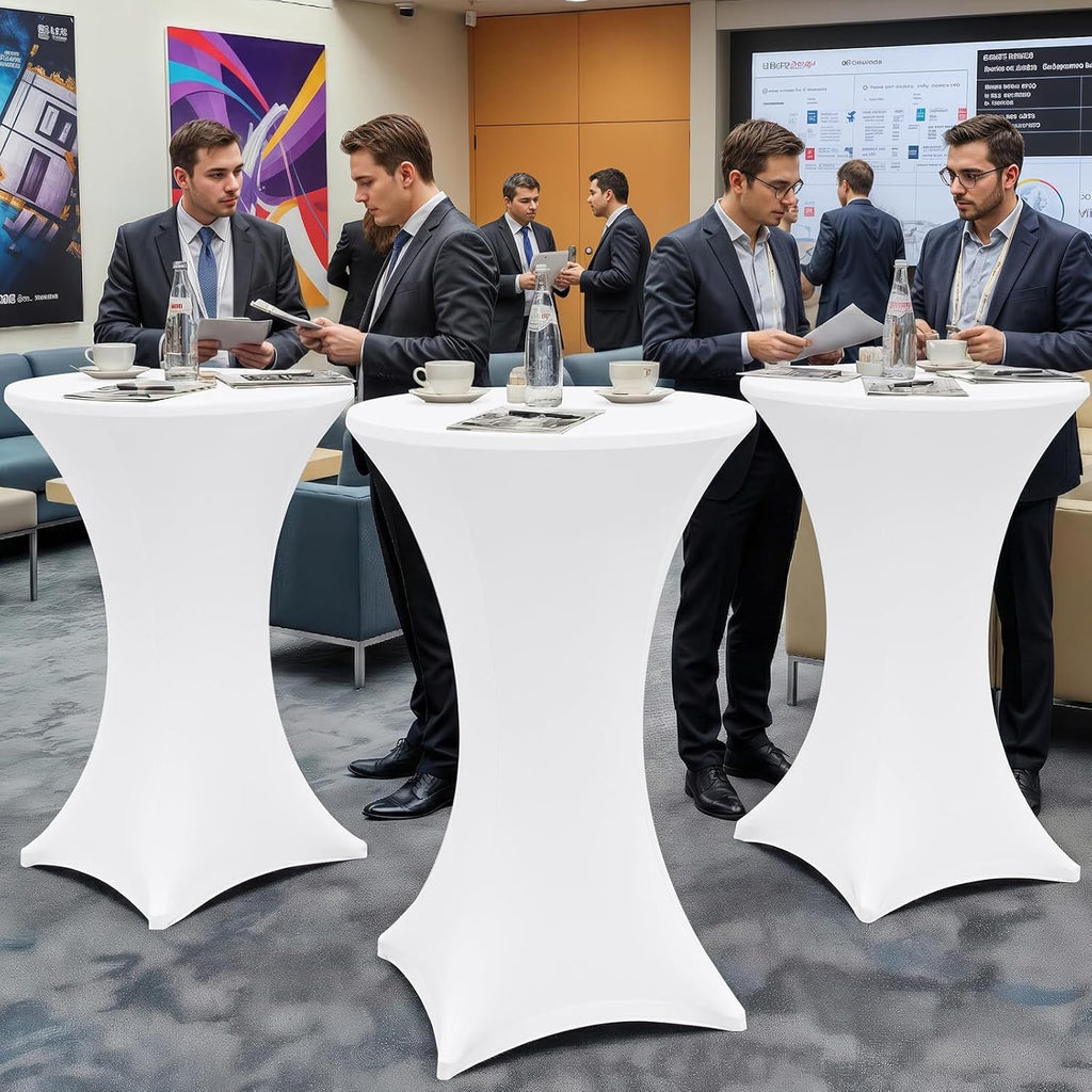 Moosfor Spandex Cocktail Table Covers 4 Pack, Elastic Fitted Stretch Table Cloth, Round High Top Tablecloths for Bar, Party, Pub, Wedding & Banquet (White, 32x43 Inch)