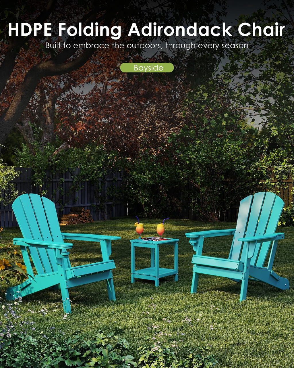 GREENVINES Folding Adirondack Chair w/Cup Holder, HDPE, Aqua