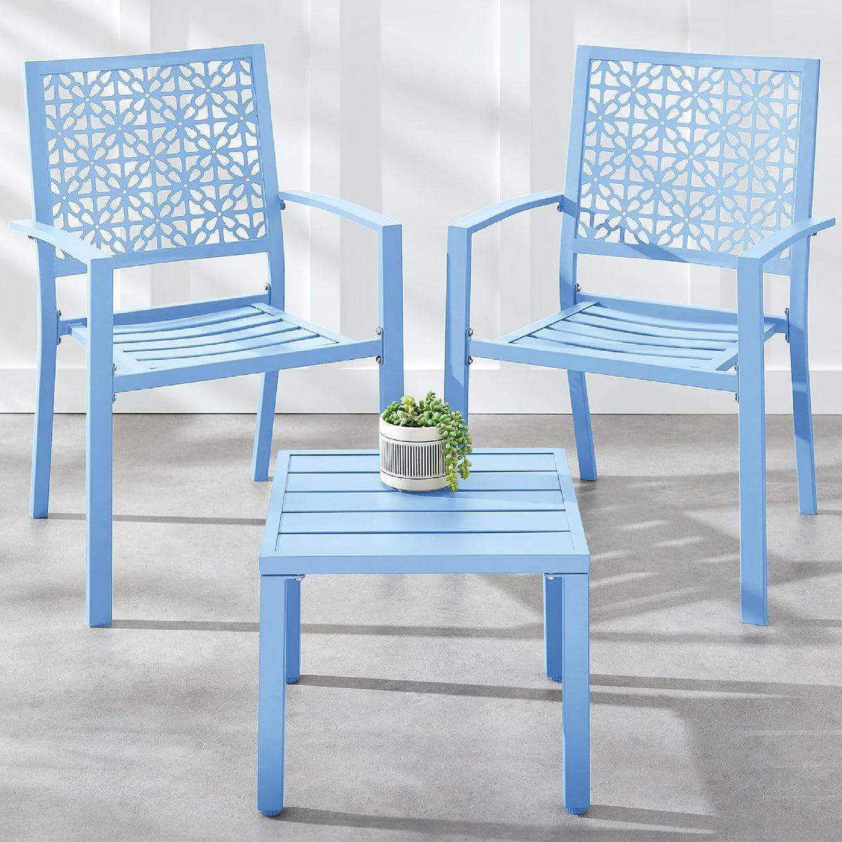Best Choice Products 3-Piece Outdoor Bistro Set, Stackable Modern Steel Furniture for Porch, Garden w/ 2 Chairs, Table, Geometric Decor - Sky Blue