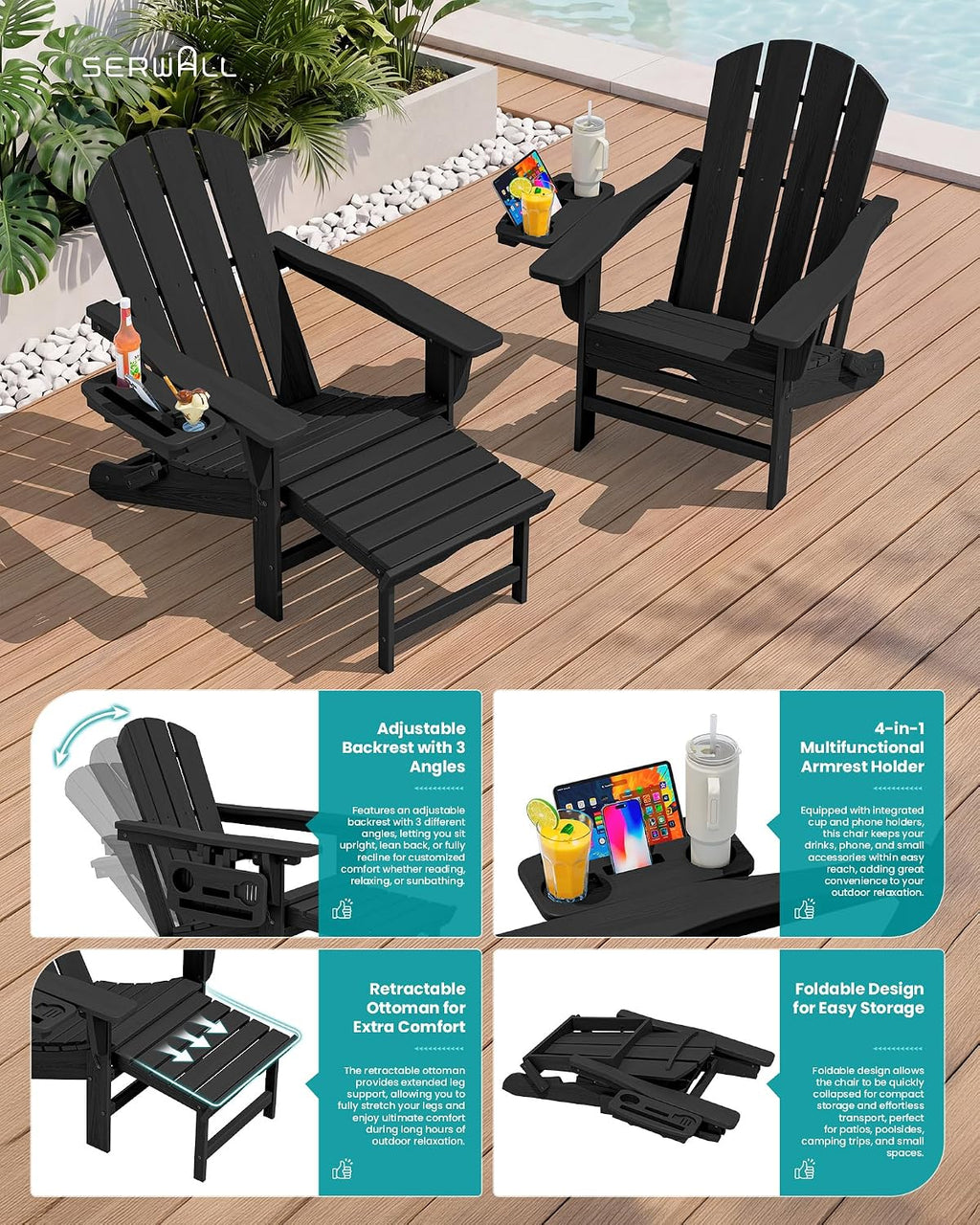 SERWALL Folding Adjustable Adirondack Chairs with Footrest Set of 4, HDPE Outdoor Chair with 4-in-1 Cup Holders, All Weather Adirondack Chair with Ottoman, Black