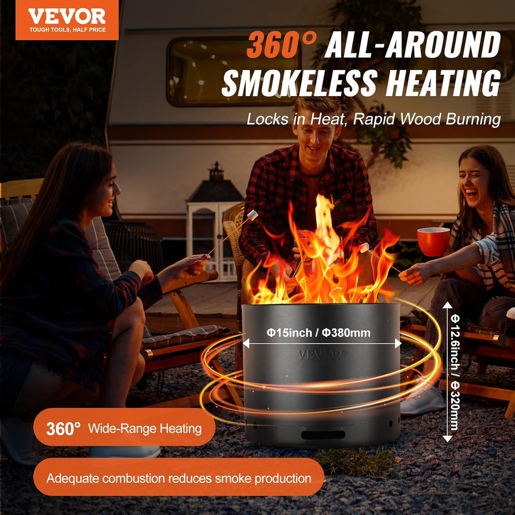 VEVOR Smokeless Fire Pit Stove Bonfire, H: 12.6 in x Dia: 15 in,Wood Burning Fireplaces with Removable Ash Pan, SUS430 Stainless Steel Inner Portable Outdoor Firepit, Ideal for Outdoor Patio Camping