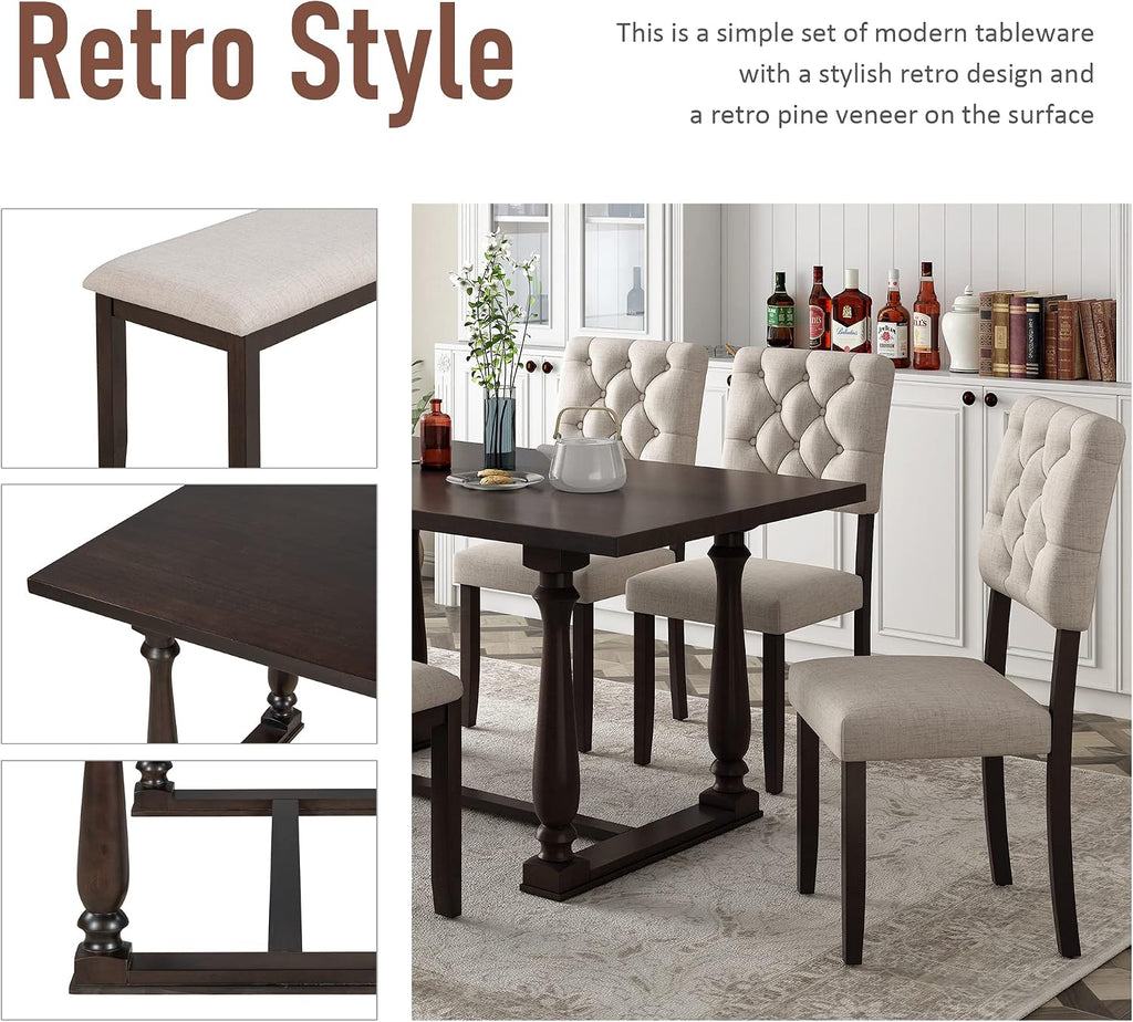 Merax 6-Piece Modern Dining Table Set for 4-6, Classic Dining Table Set with Including 1 Dining Table, 4 Cushions Chairs and Bench, Wooden Legs Table Set for Dining Room, Espresso
