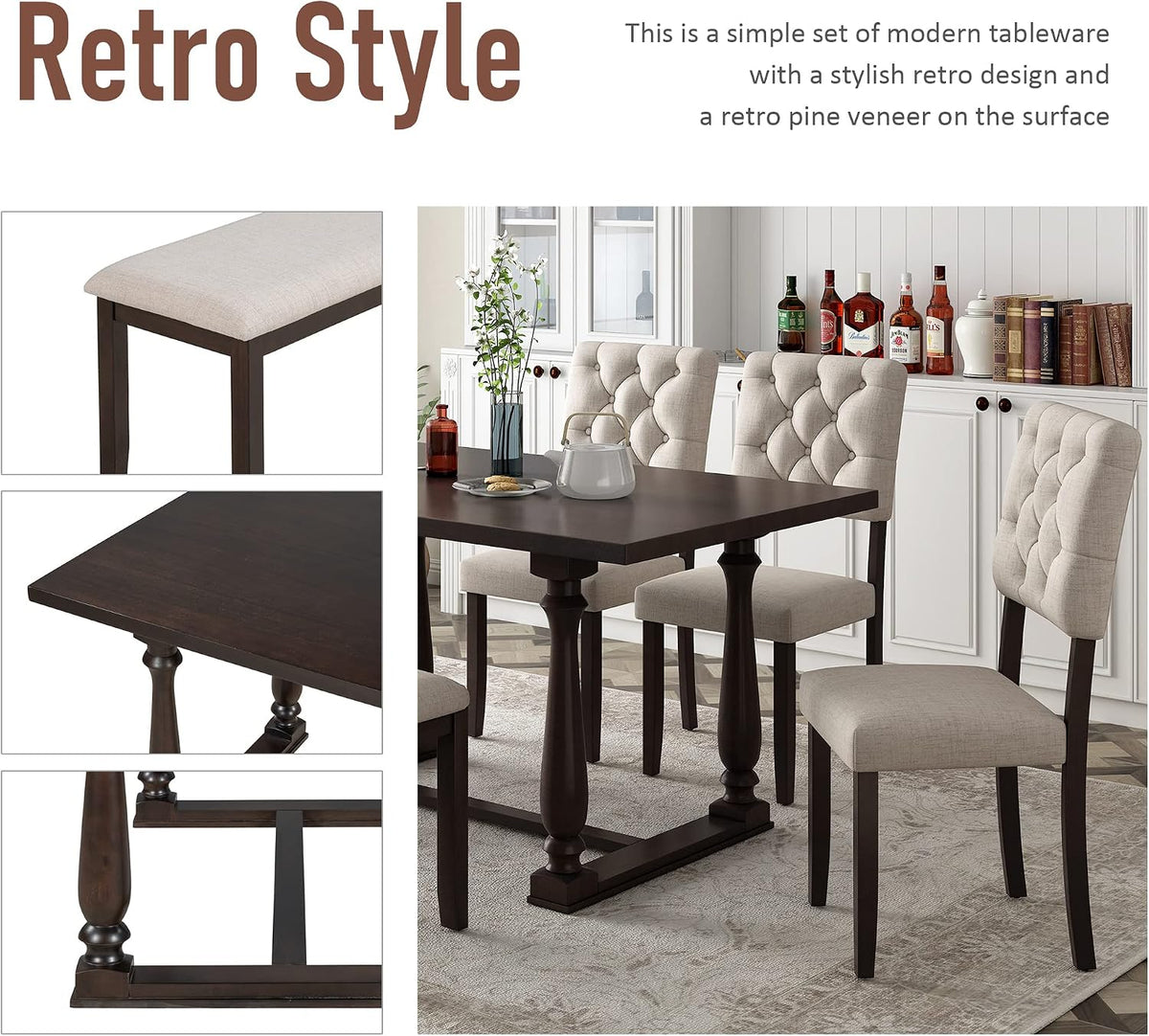 Merax 6 Pieces Dining Table Chair Set with Bench, Rectangle 4 Upholstered Chairs & a Wood Kitchen for Persons, Modern Style Room (Espresso+Beige)