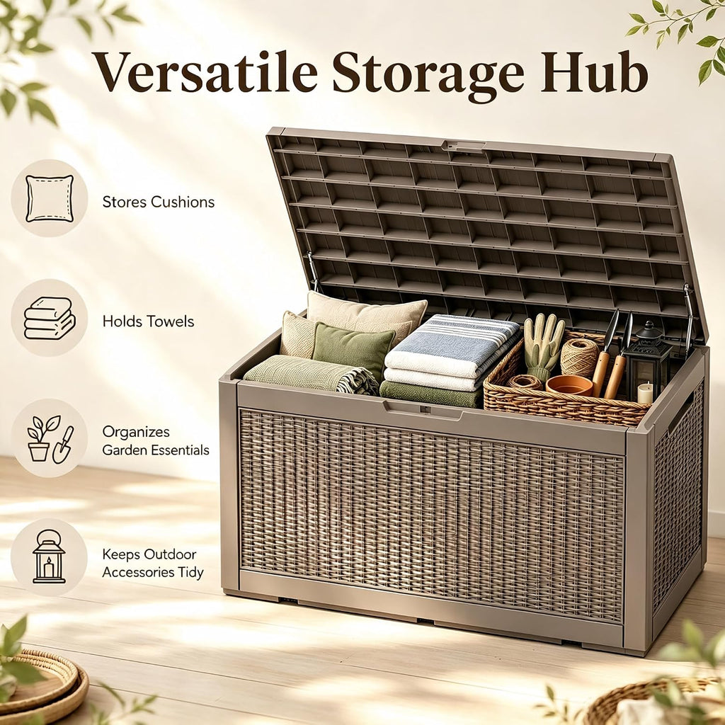 Outdoor Storage Box Resin Deck Box Waterproof BrownWicker 126 Gallon