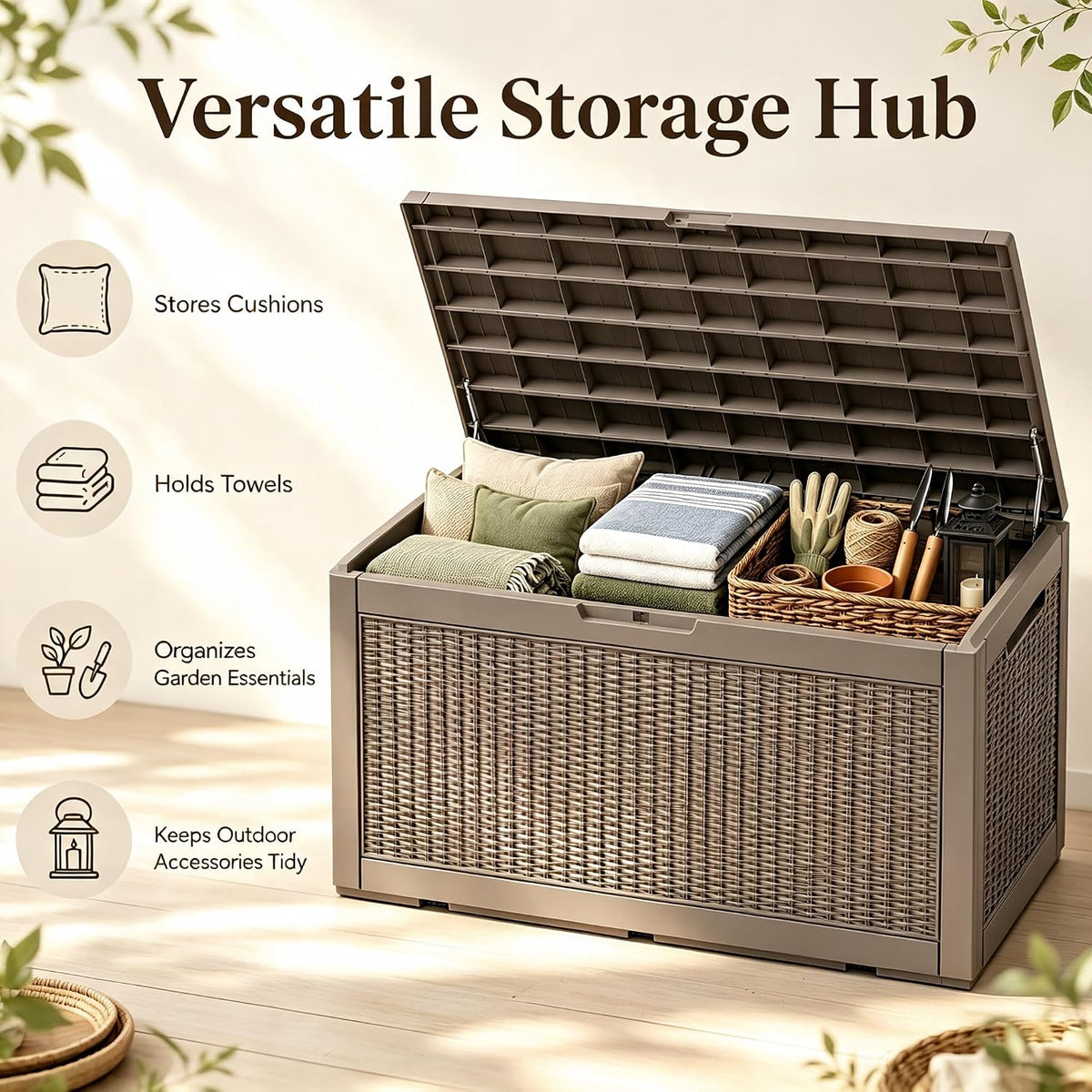 Outdoor Storage Box Resin Deck Box Waterproof BrownWicker 126 Gallon