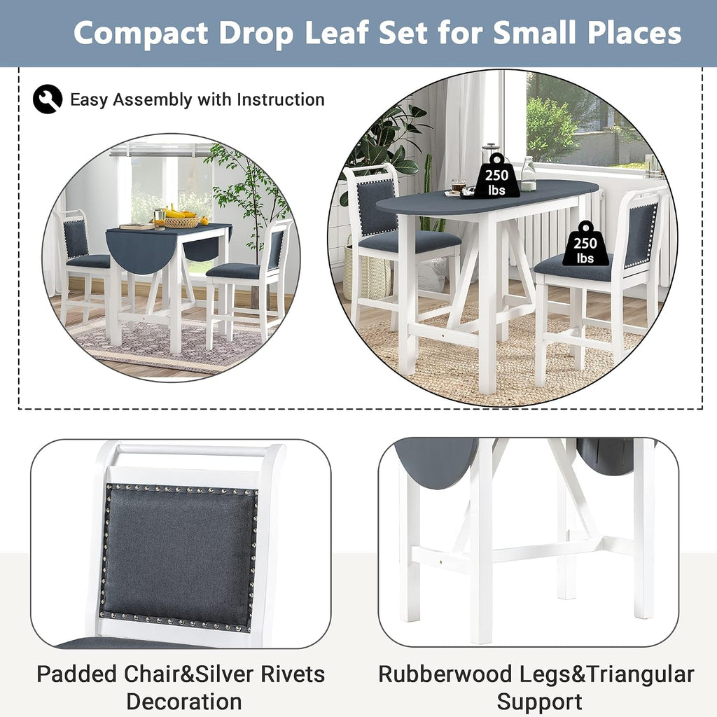 Linique 3-Piece Drop Leaf Dining Table Set with 2 Upholstered Chairs, Wood Counter Height Table & Chair Set for Small Place, White+Dark Gray Cushion