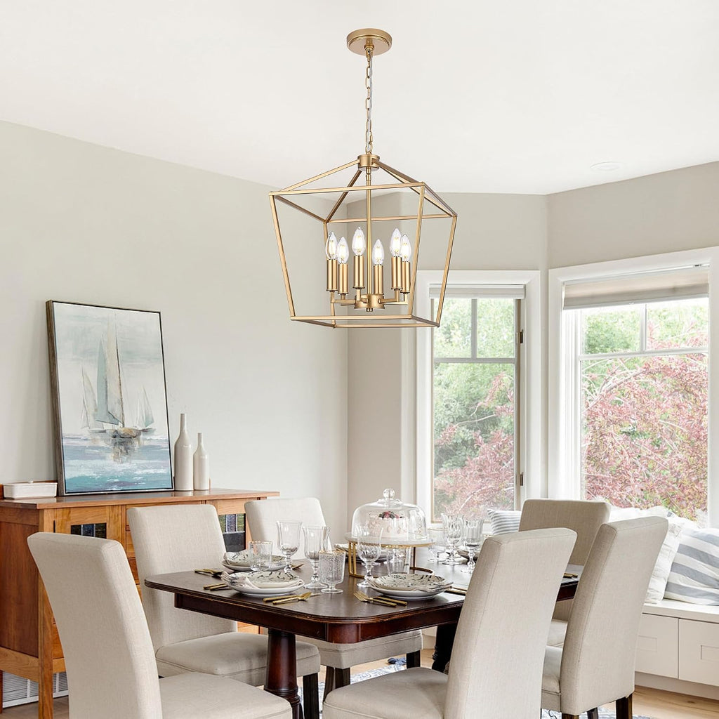 gold farmhouse chandelier, 6-light lantern pendant light fixture, front angle view