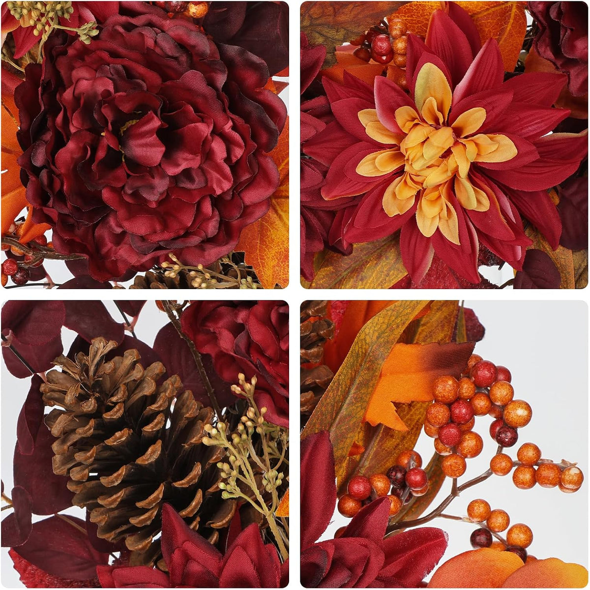24" Artificial Fall Floral Wreath for Front Door Autumn Wreath with Peony Dahlia Pine Cones for Halloween Thanksgiving Farmhouse Window Wall Décor