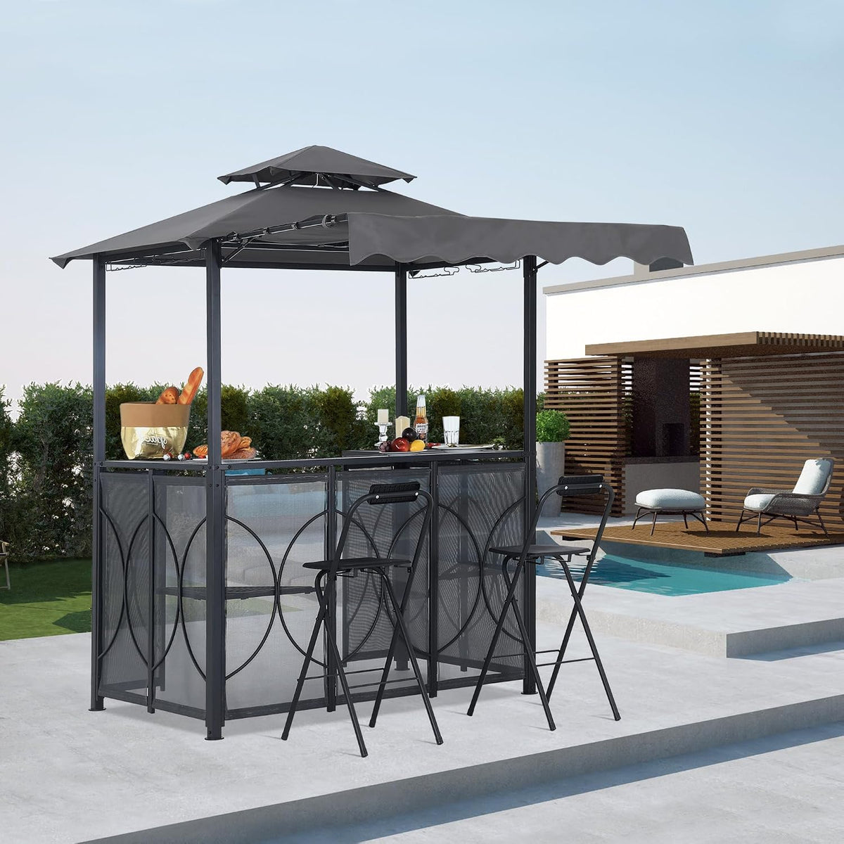 ABCCANOPY Grill Gazebo 6.4x6.8 with Bar Table & 2 Chairs, Dark Gray