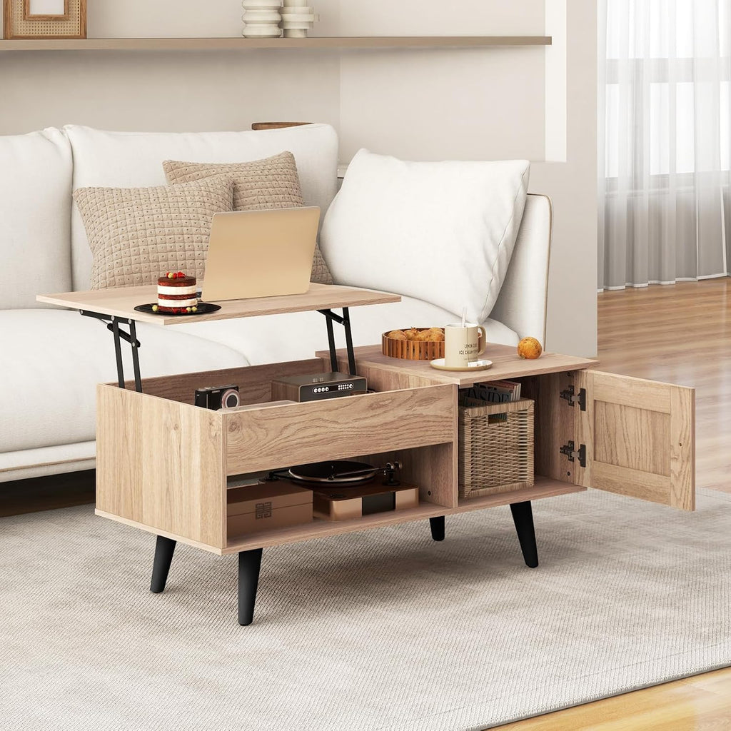 Tangkula Lift Top Coffee Table with Storage, Living Room Table with Hidden Compartment, Cabinet & Open Shelf, Flip Top Center Table, Pull up Coffee Table for Home, Office (Natural)