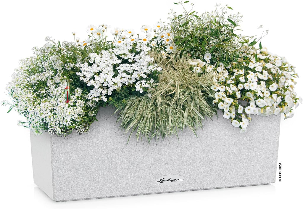 Lechuza BALCONERA Stone 50 Quartz White, Self-Watering Window Box (Railing Planter), H7.5 L19.7 W7.5 in
