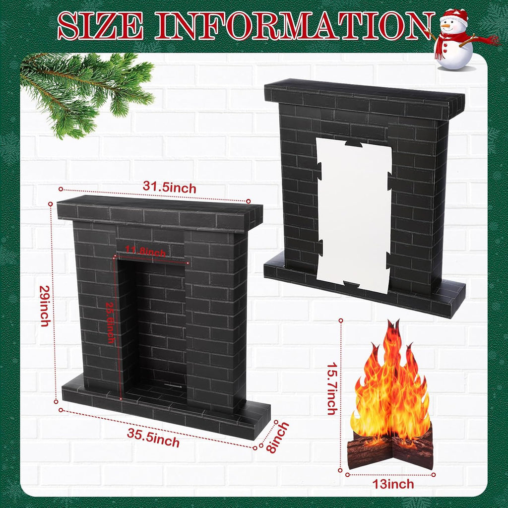 AmazingSpark 1 Set Christmas Corrugated Fireplace 35.5 x 29 x 8 Inch Cardboard Fireplace with 3D Fire Flame Prop 3D Life Size Cardboard Cutout Standup for Christmas Party Decorations (Black)