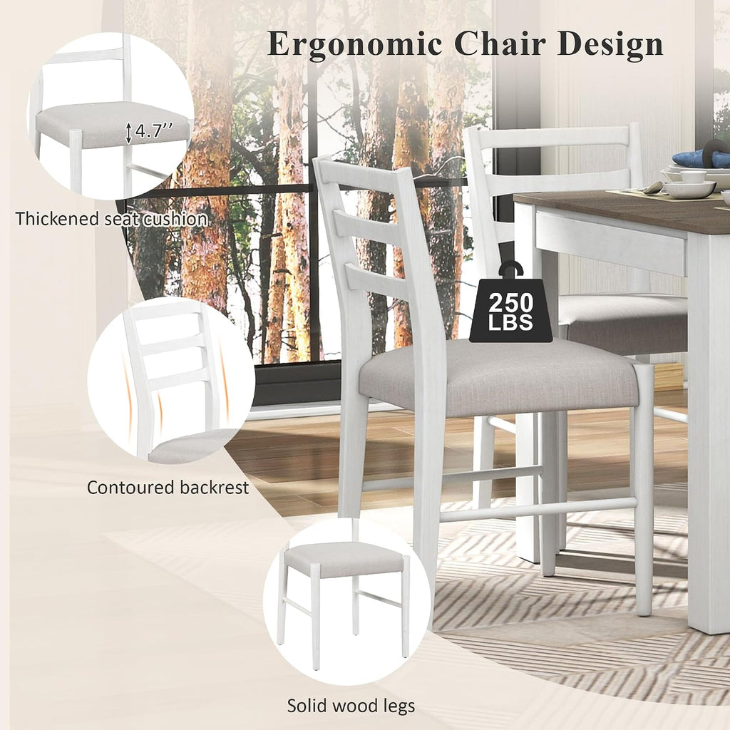 7 Pieces Dining Table Set Wooden Rectangle Extendable Table with 12” Leaf and 2 Drawers, 6 Dining Chairs with Soft Cushion, Kitchen Dining Room Set for 6 Persons (Brown + White)