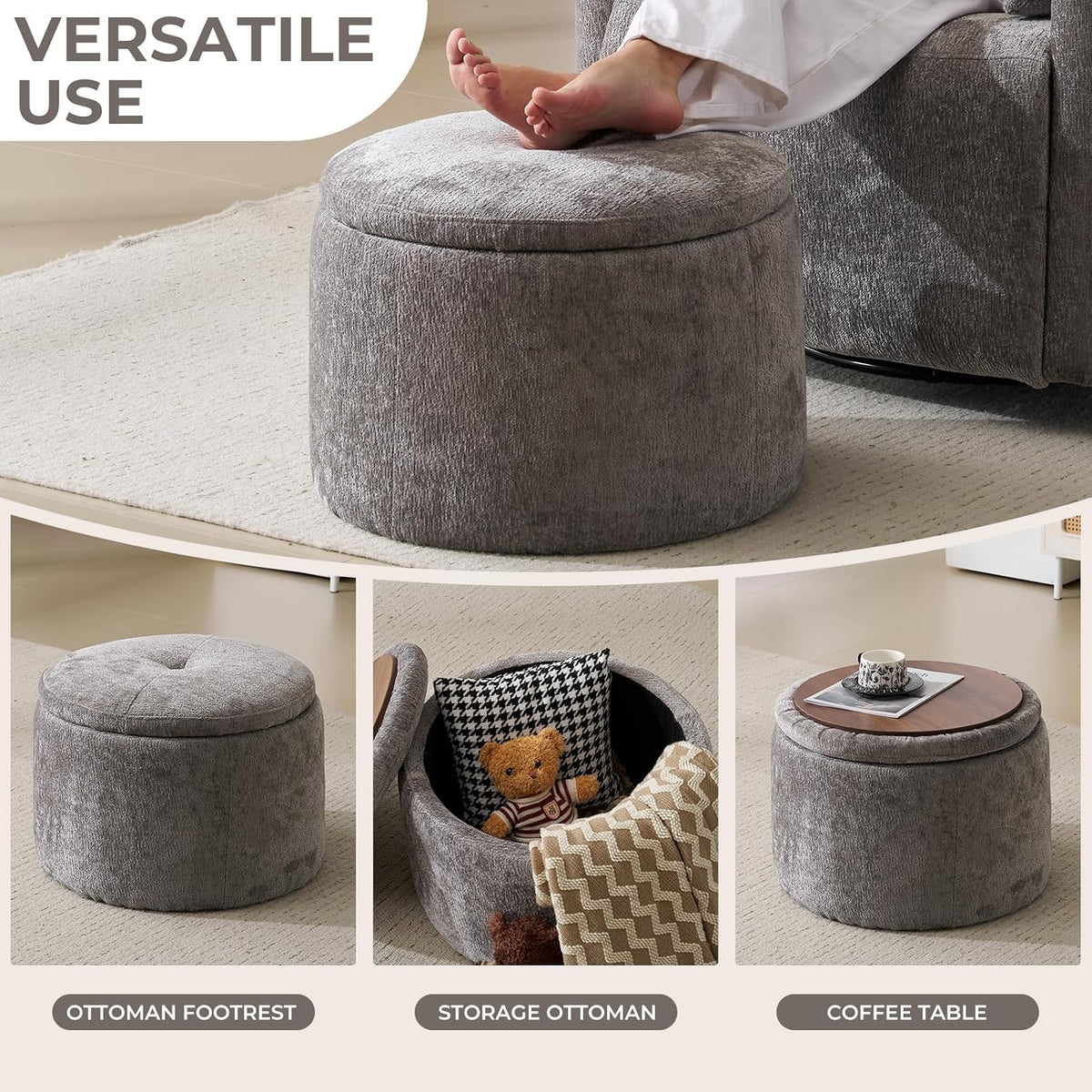 Modern Round Storage Ottoman with Reversible Tray Lid,Chenille Ottoman Foot Stools, Ottoman Footstool with Hidden Storage, Storage Ottoman for Living Room, Multi-Functional Footrest,Dark Grey