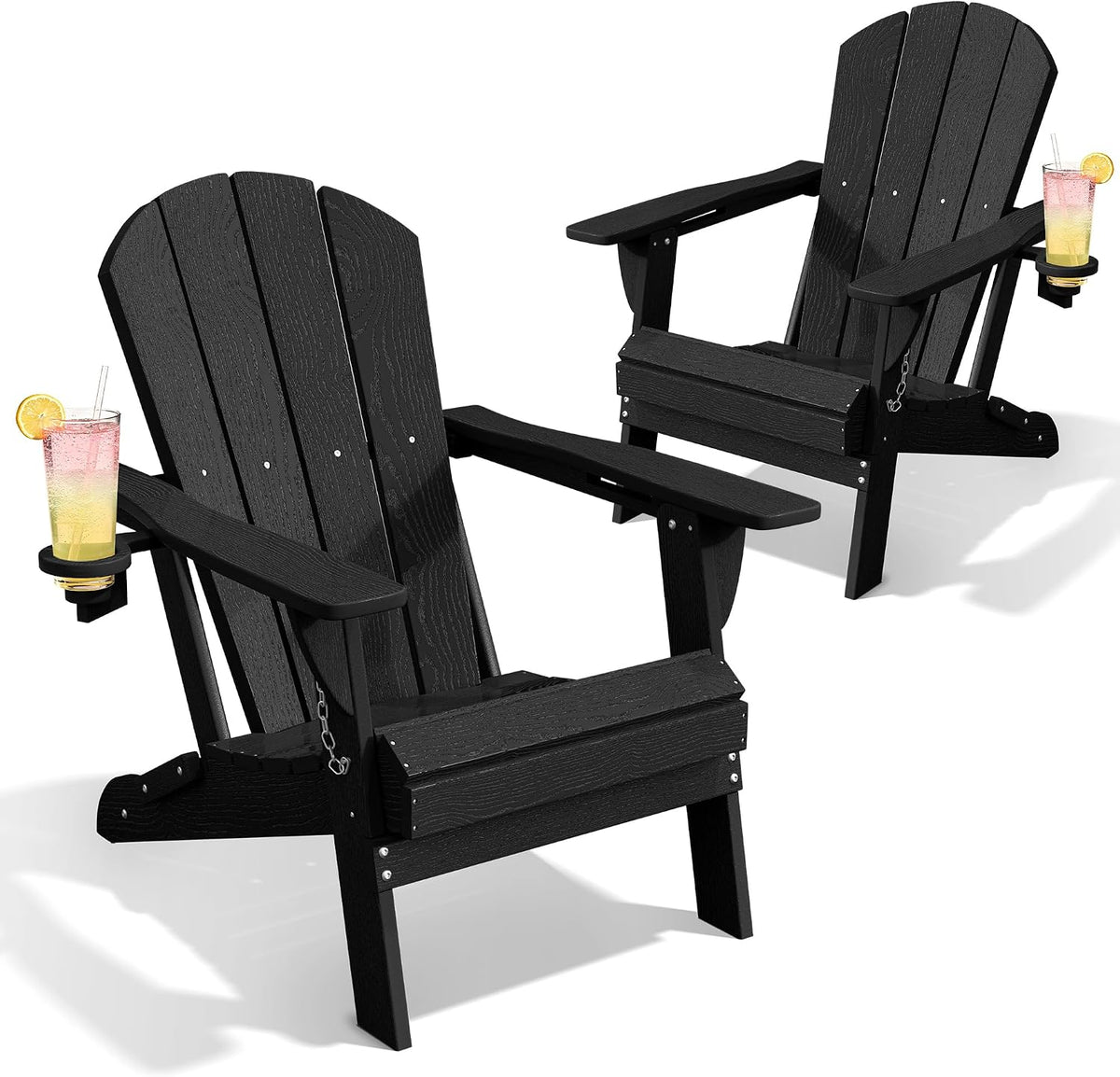AreShark HDPE Folding Adirondack Chair with Cup Holder, Set of 2, Black