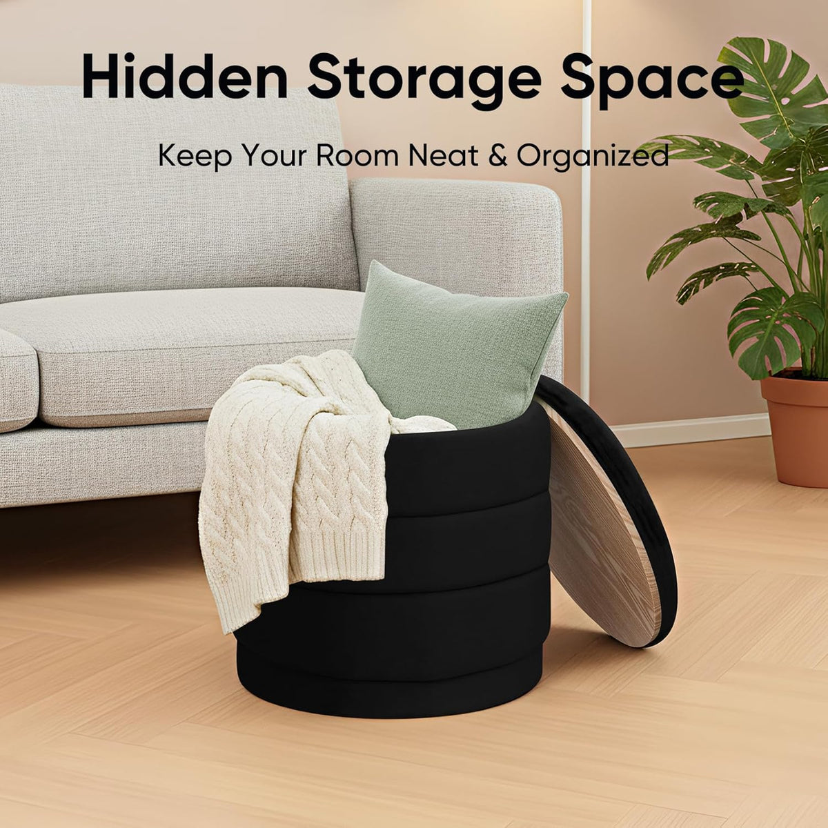 15.4" Round Velvet Storage Ottoman with Reversible Lid, Upholstered Circular Ottoman Footrest with Hidden Storage, Foldable Padded Footstool for Dorm Living Room & Bedroom, Black