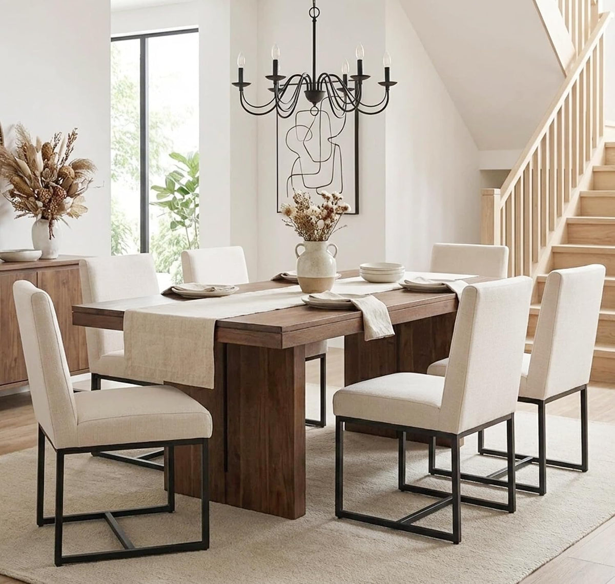 Shunzhi Upholstered Modern Dining Chairs Set of 6 Linen Mid Century Dining Room Chairs Armless Side Chair Comfy Kitchen Chairs with Black Metal Base for Living Room/Kitchen,Cream,6PCS