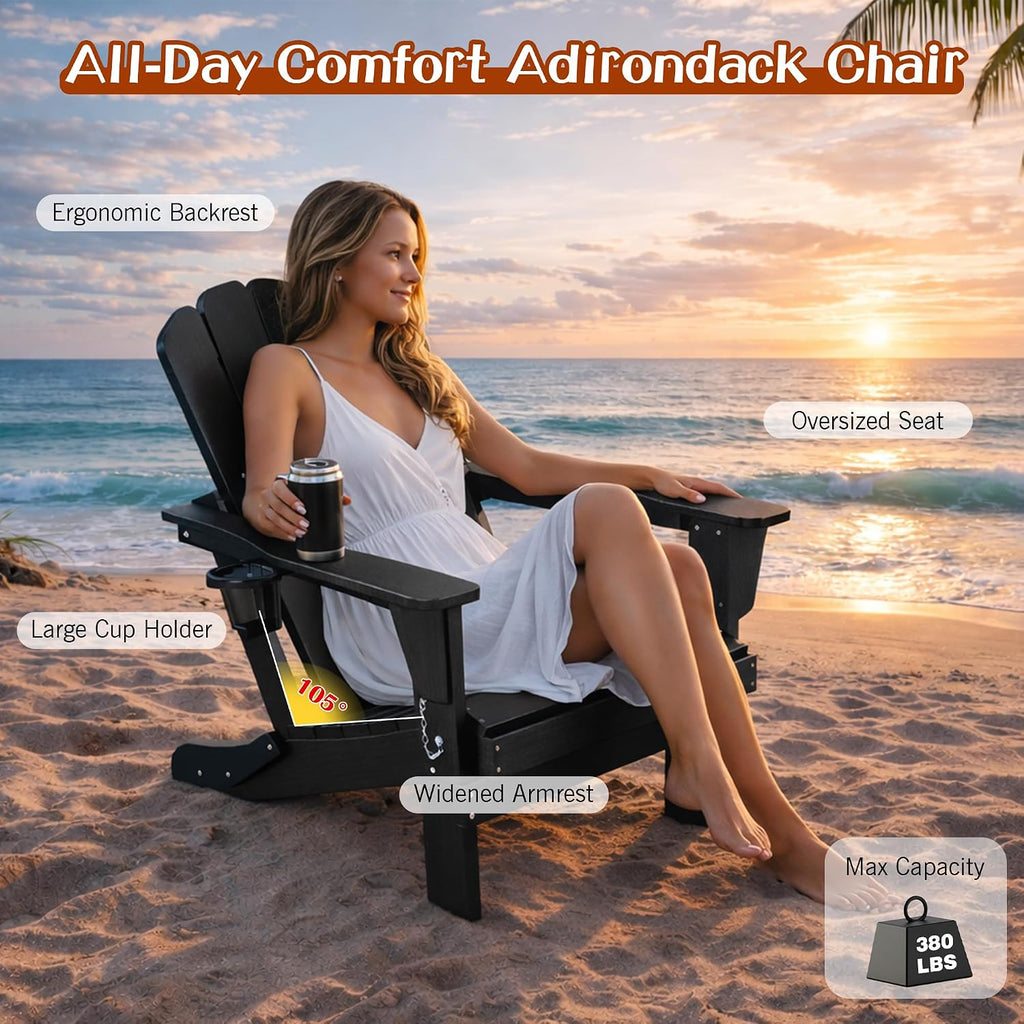 Domi Folding Adirondack Chair Set of 4, HDPE All-Weather Adirondack Chairs with Cup Holder, Outdoor Plastic Fire Pit Chairs Wood Texture for Poolside, Patio, Backyard, Deck (Black)